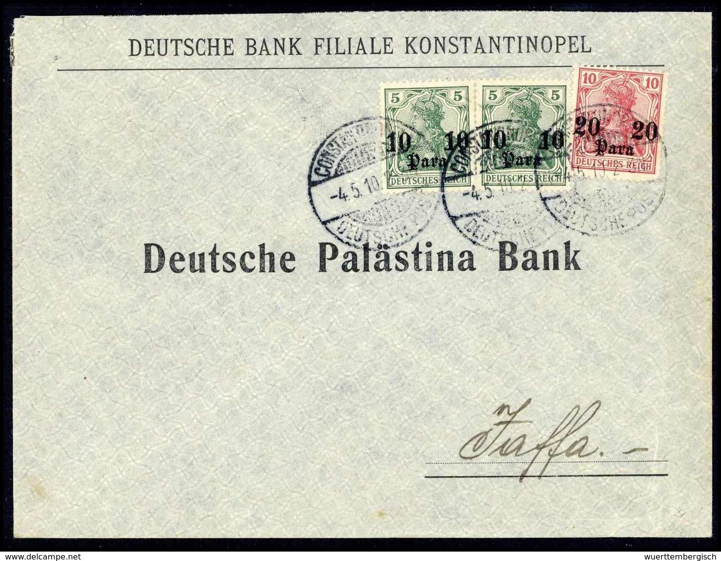 Beleg 10 P., Zwei Exemplare Mit 20 P. Auf Schönem Bank-Vordruckbrief Nach Jaffa, Klare Stempel CONSTANTINOPEL 4/5 10. (M - Autres & Non Classés