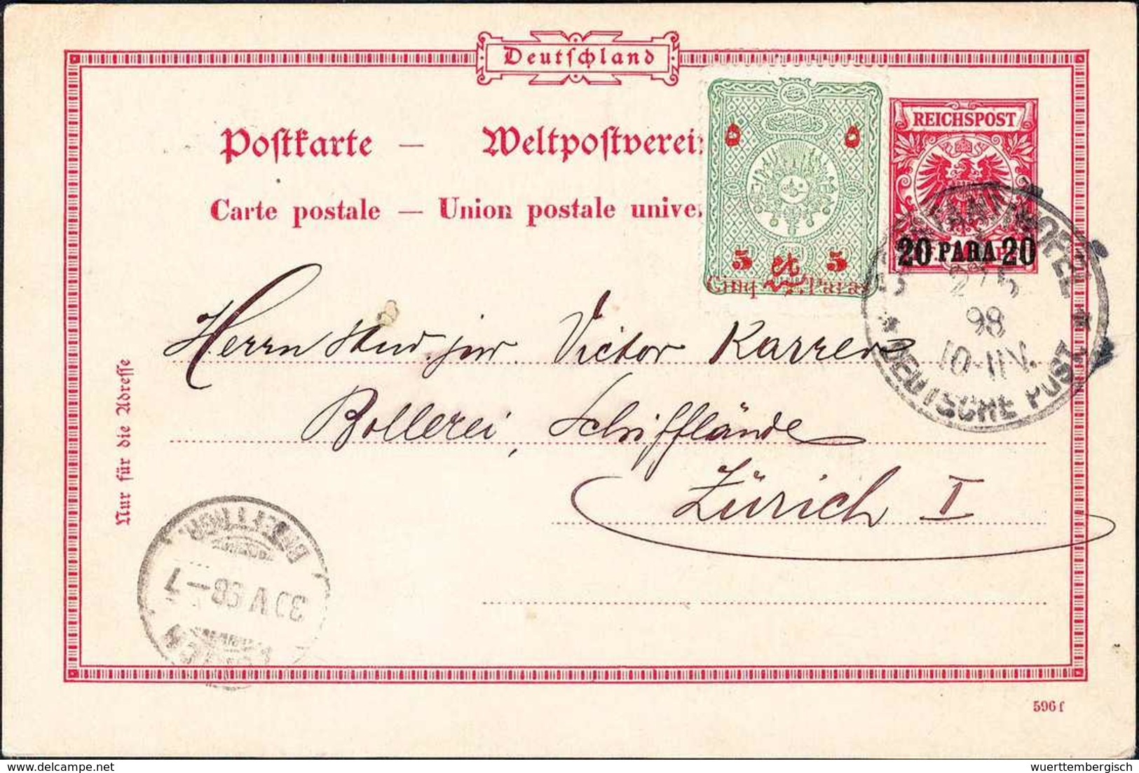 Beleg 20 P., Tadellose Postkarte Mit Stempel CONSTANTINOPEL 1 27/5 98 In Die Schweiz. Als Zusatzfrankatur Eine Ebenfalls - Autres & Non Classés