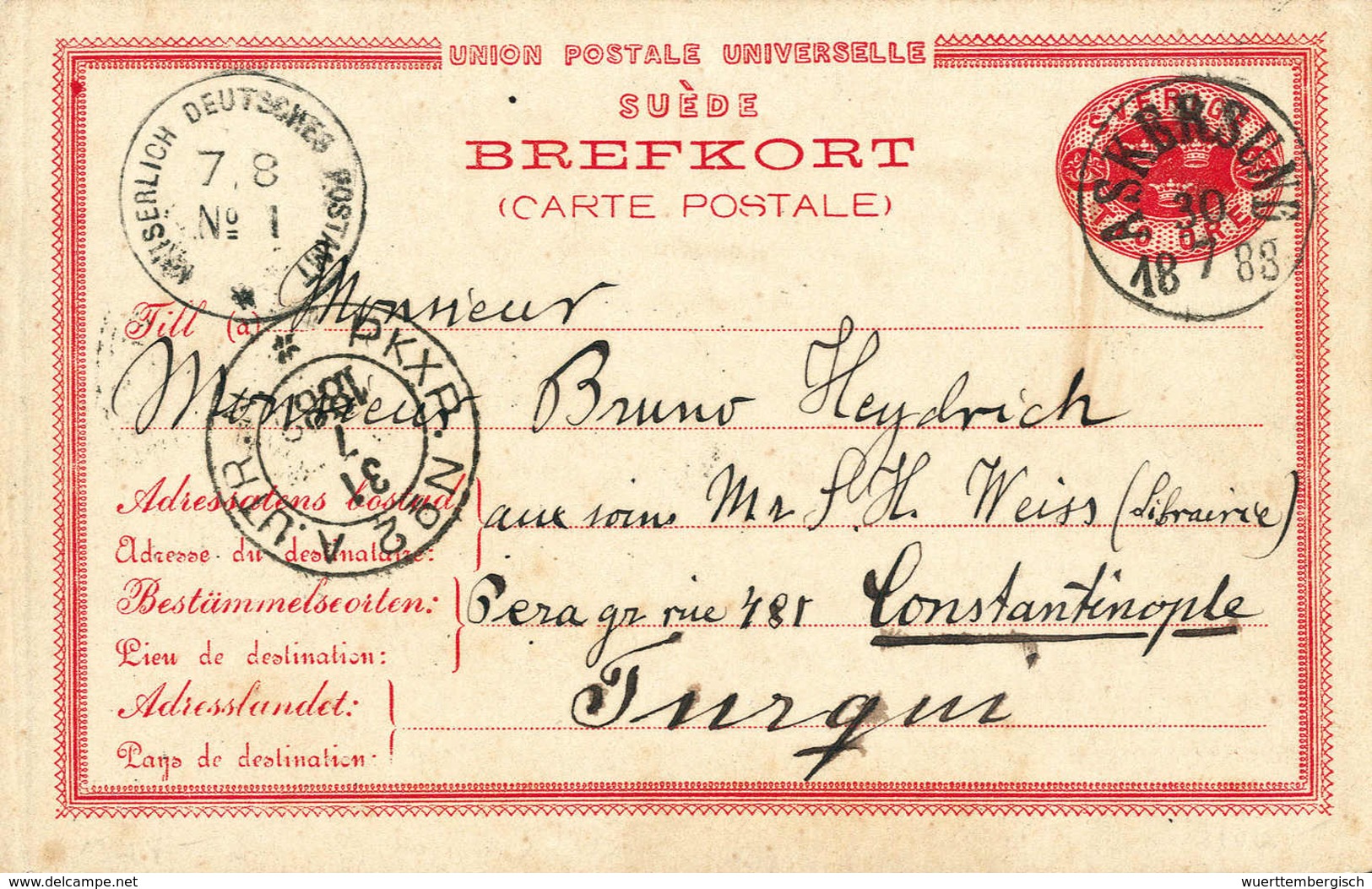 Beleg KAISERLICH DEUTSCHES POSTAMT No.1 7/8 (1888), Idealer Ankunftsstpl. Auf Eingehender Postkarte Schweden 10 Ö. Mit S - Autres & Non Classés