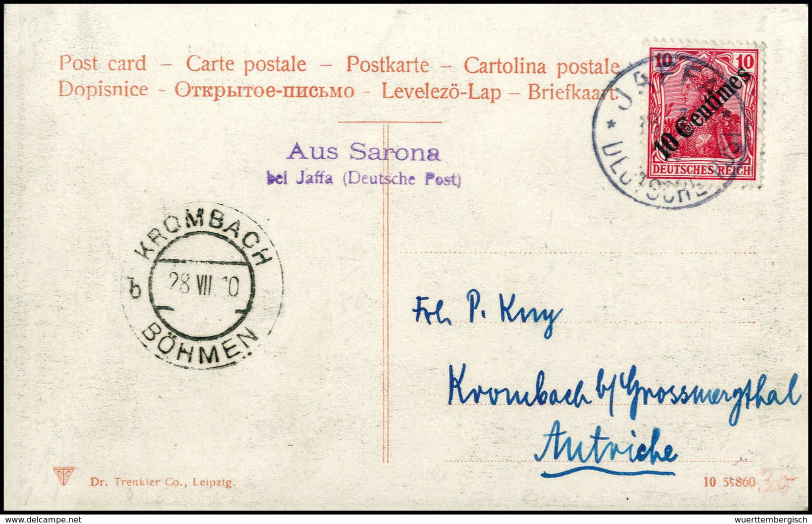 Beleg AUS SARONA BEI JAFFA DP, Violetter L2 Klar Beiges. Auf Tadelloser Postkarte 10 C. Mit Stempel JERUSALEM 18/7 10 (o - Sonstige & Ohne Zuordnung