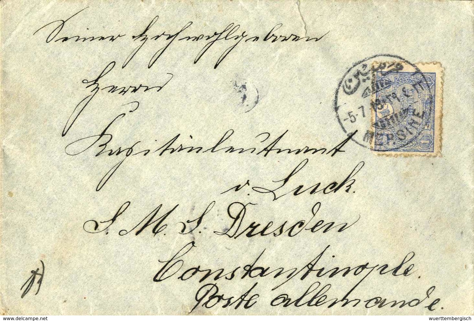 Beleg SMS "Straßburg", Seltener Brief Aus Mersine Mit Türkischer Frankatur Und Stempel Vom 5.7.1913 Nach Constantinopel  - Sonstige & Ohne Zuordnung