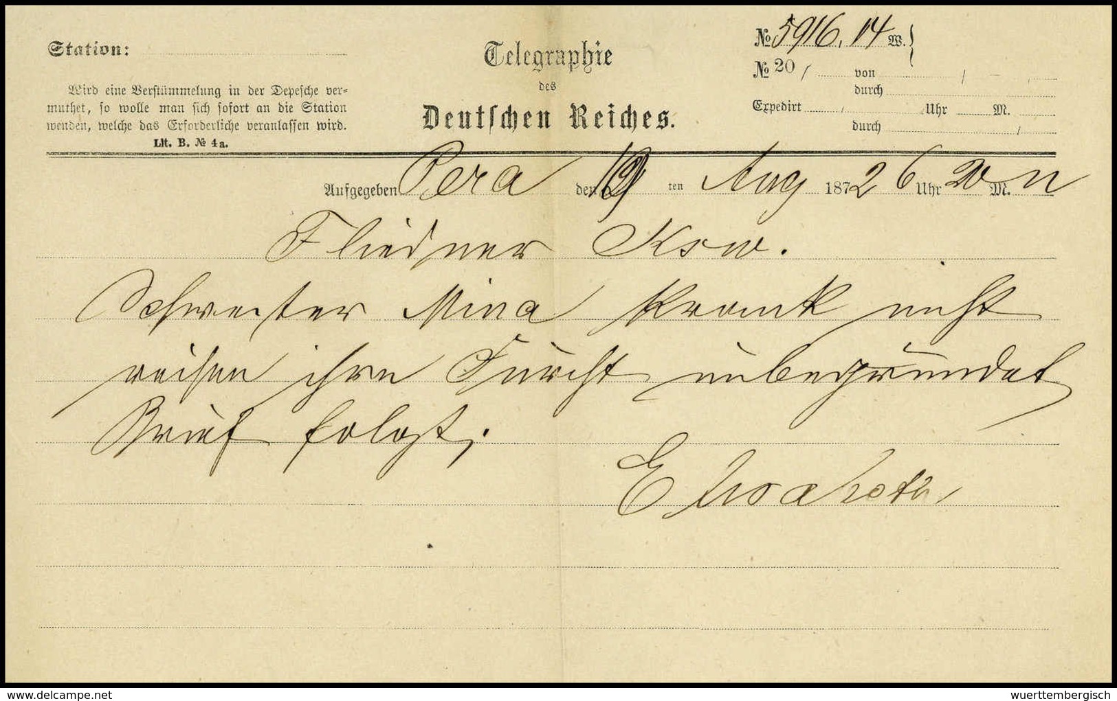 Beleg 1872, Telegraphie Des Deutschen Reichs Mit Aufgabevermerk "Pera 19/8 72". - Autres & Non Classés