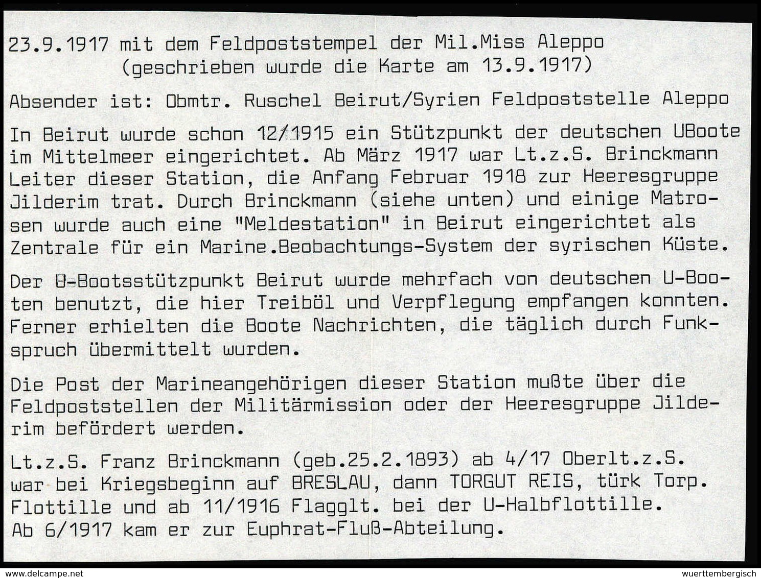 Beleg ALEPPO 23/9 17, Klar Auf Vordruck-Feldpostkarte Der Küstenwach-Abteilung Beirut/Syrien. - Sonstige & Ohne Zuordnung