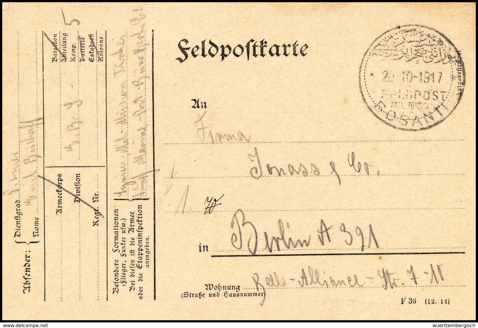 Beleg BOSANTI 20/10 17, Klar Auf Tadelloser Feldpostkarte Mit Abs.-Vermerk "Eisenbahnbau-Sonderkompanie 5, Syrien". - Other & Unclassified