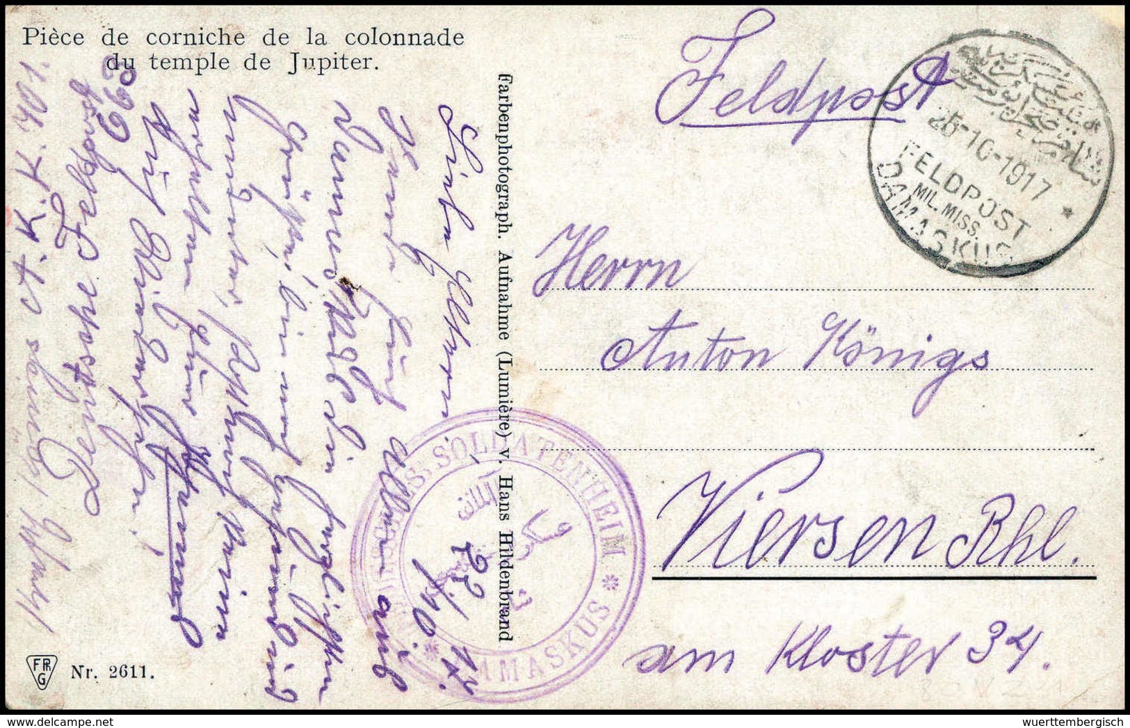 Beleg DAMASKUS 25/10 17, Klar Auf Feldpostkarte Mit Violettem SB-Stempel SOLDATENHEIM DAMASKUS. - Other & Unclassified