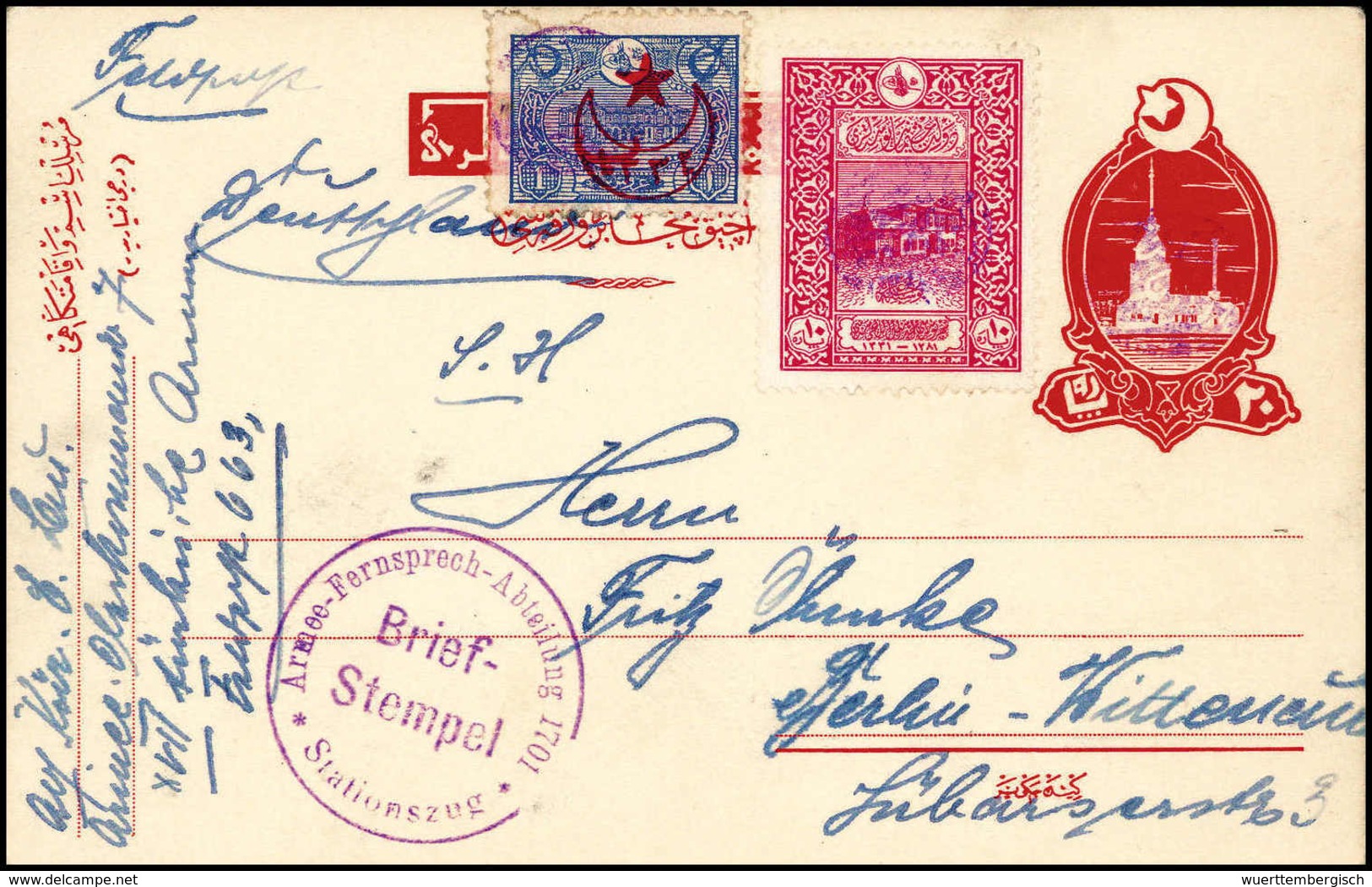 Beleg "Nablous 15/1 18", Hs. Abs.-Vermerk Auf Postkarte Türkei Mit Zusatzfrankatur Und SB-Stempel Der Fernsprech-Abteilu - Autres & Non Classés