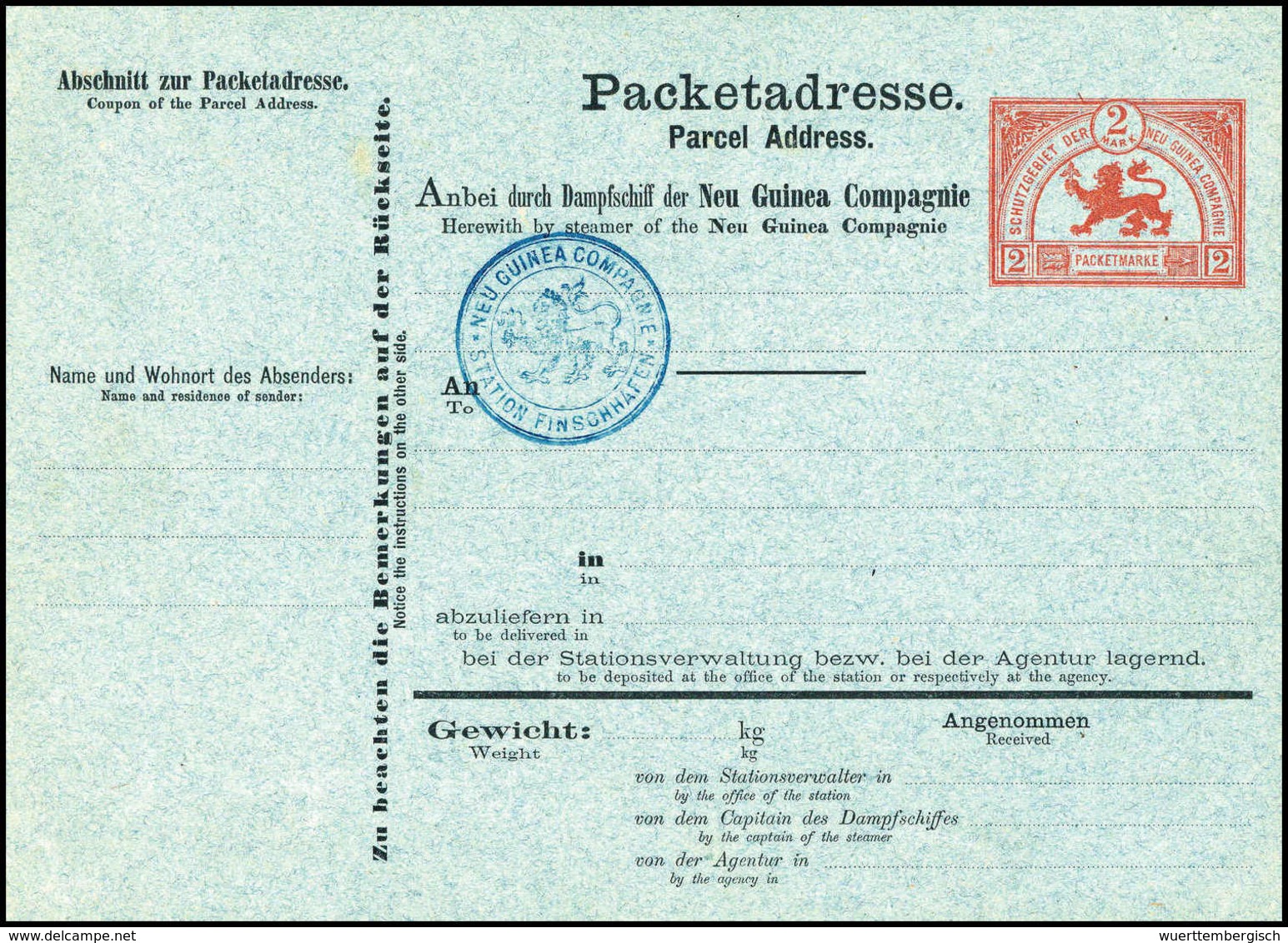Beleg Vorläufer-Paketkarte Neu-Guinea Compagnie, 2 Mk. Rot, Tadellos Ungebraucht Mit Blauem Siegelstempel STATION FINSCH - Other & Unclassified