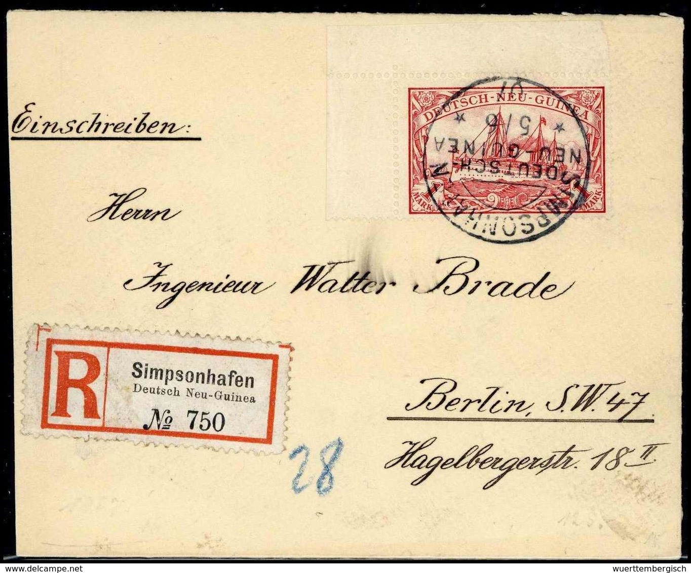 Beleg 1 Mk., Tadellose Li. Ob. Bogenecke Als EF Auf Schönem R-Brief, Klarer Stempel SIMPSONHAFEN 5/6 07. (Michel: 16) - Altri & Non Classificati