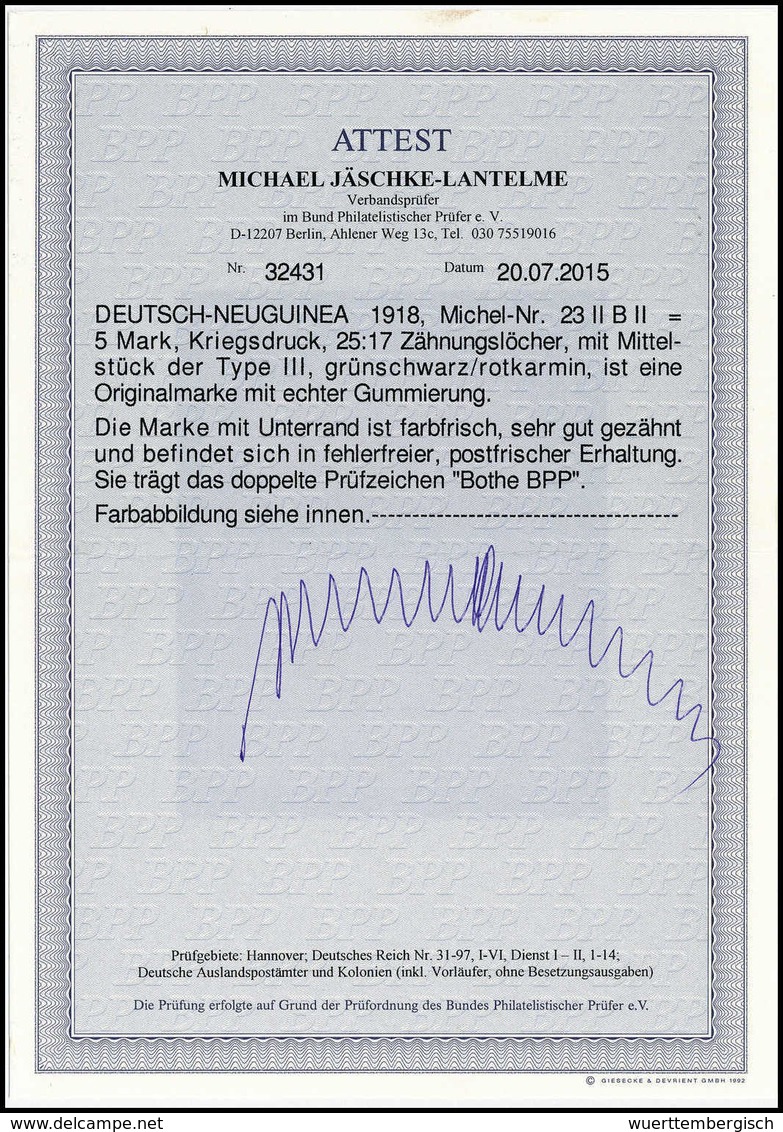 ** 5 Mk., Kriegsdruck Mit Mittelstück In Type III, Tadellos Postfr. Unterrandstück In Erstklassiger Zähnung Und Zentrier - Sonstige & Ohne Zuordnung