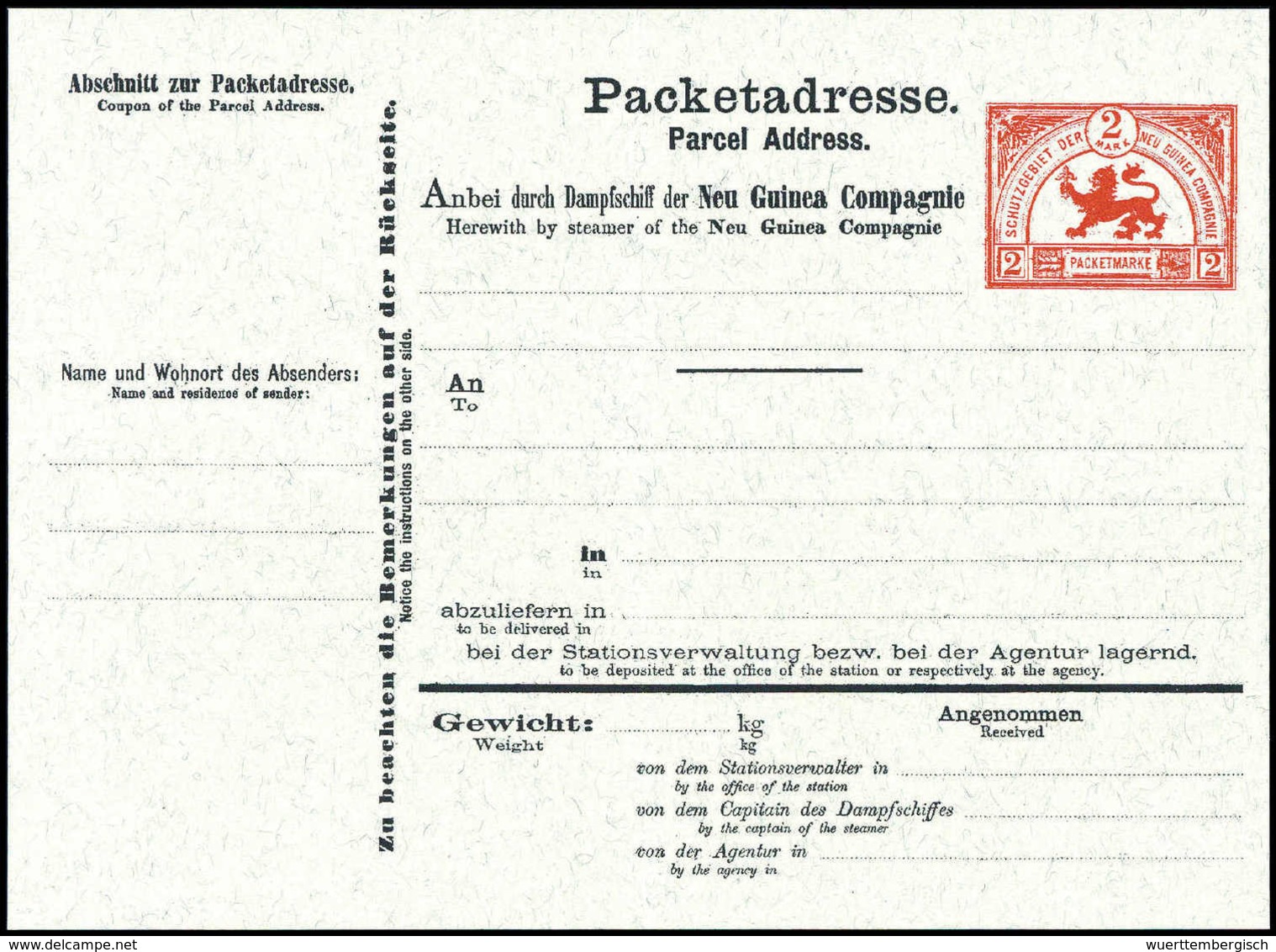 Beleg 1888, Paketkarte Der Neuguinea-Companie, Tadellos Postfrisch. (Michel: VP1) - Autres & Non Classés