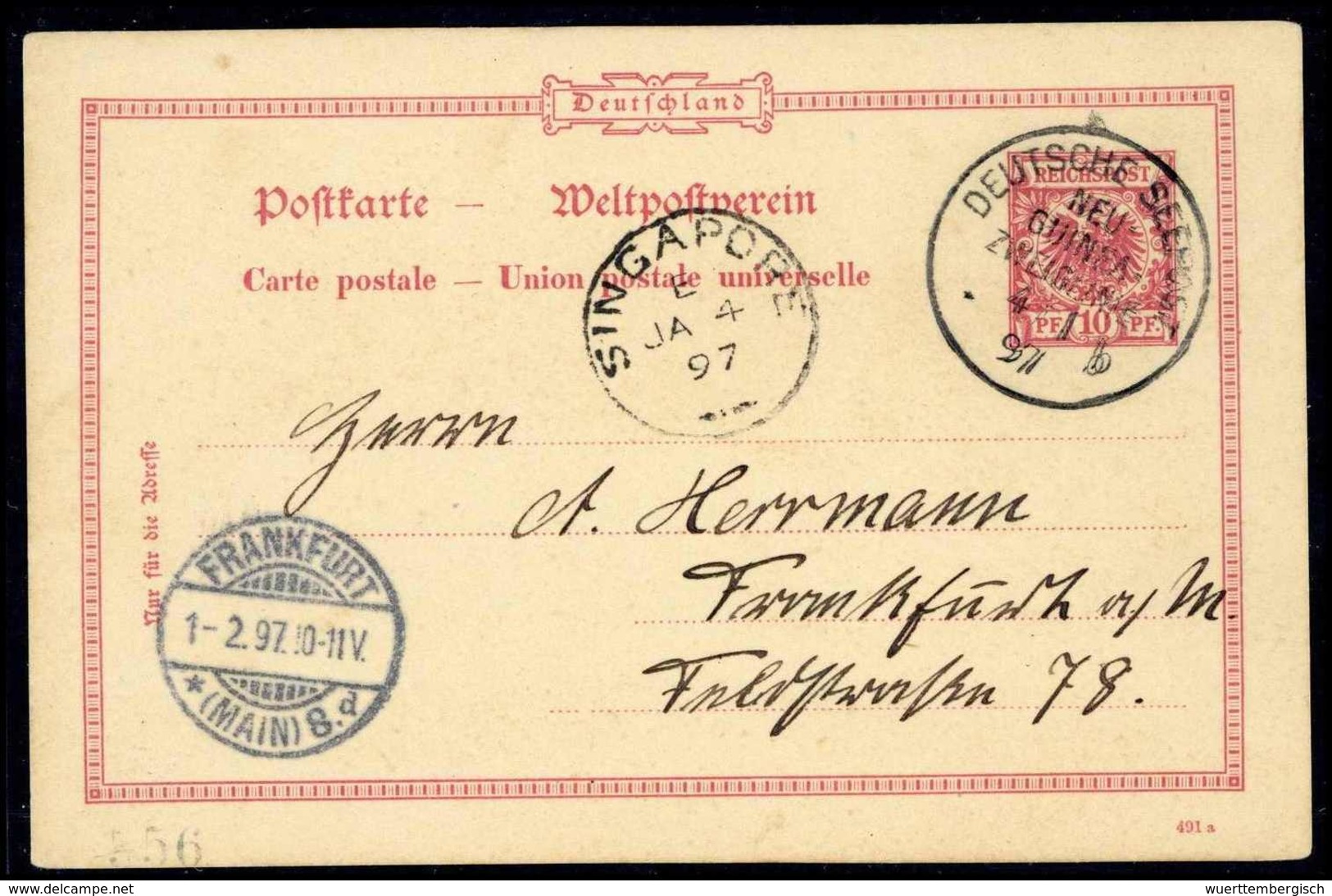 Beleg NEU-GUINEA-ZWEIGLINIE "b" (Dampfer "Stettin") 4/1 97, Klar Auf Tadelloser Bedarfskarte DR 10 Pfg. (Michel: DR) - Other & Unclassified