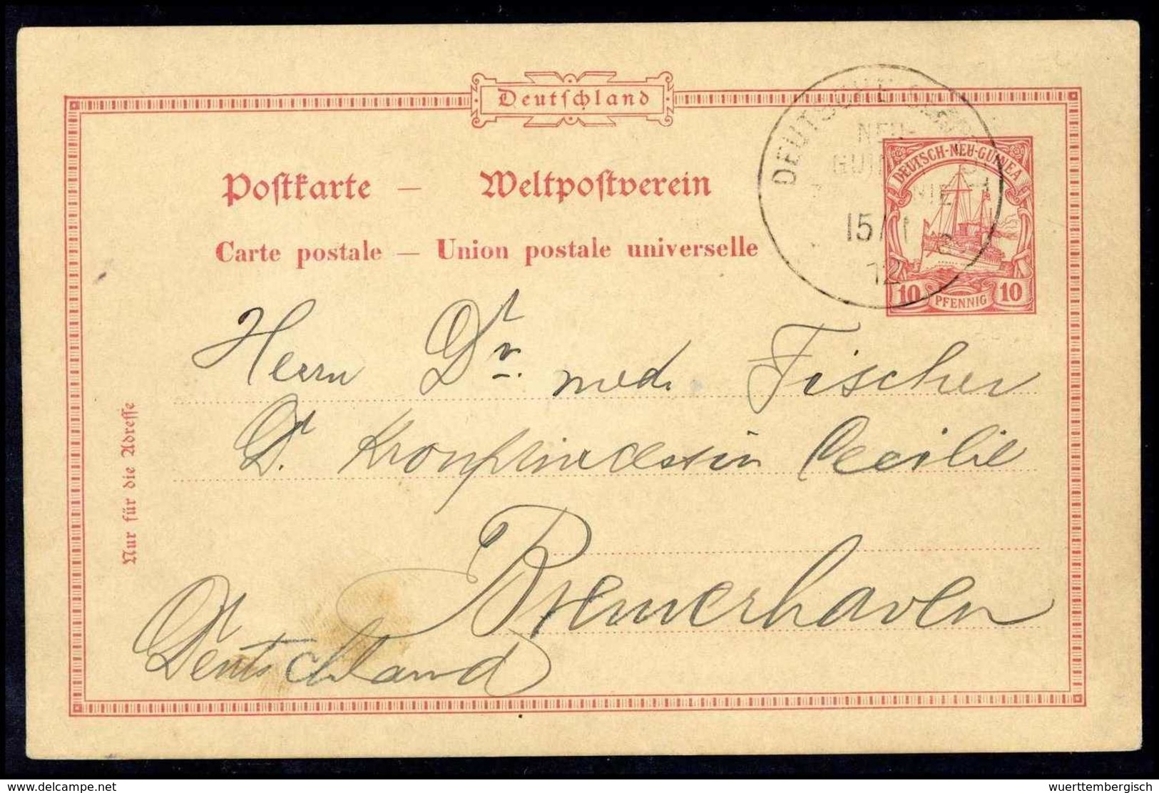 Beleg NEU-GUINEA-ZWEIGLINIE "a" 15/1 12, Seltene Bedarfskarte 10 Pfg. Nach Dtld., Datiert "Rabaul 14/12 11". (Michel: P9 - Other & Unclassified