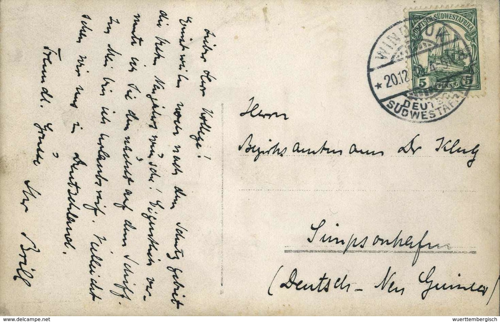 Beleg 1910, Eingehende Postkarte Aus Deutsch-Südwest 5 Pfg. Mit Stempel WINDHUK 20/12 10 An Regierungsamtmann Dr.Klug In - Other & Unclassified
