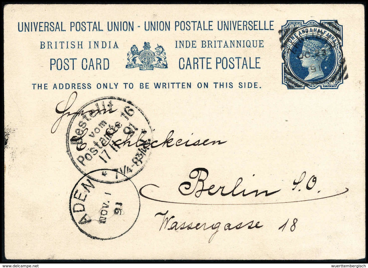 Beleg Zanzibar-Nachläufer: ZANZIBAR 23/10 91, Klar Auf Postkarte Britisch-Indien 1½ A. Via Aden Nach Berlin Mit Ak.-Stem - Other & Unclassified