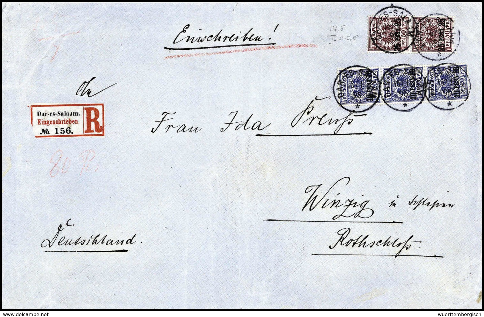 Beleg Wahehe-Expedition 1894/95: 10 P., Senkr. Dreierstreifen Und 25 P. Im Senkr. Paar Auf Blauem Einschreibekuvert Nach - Other & Unclassified