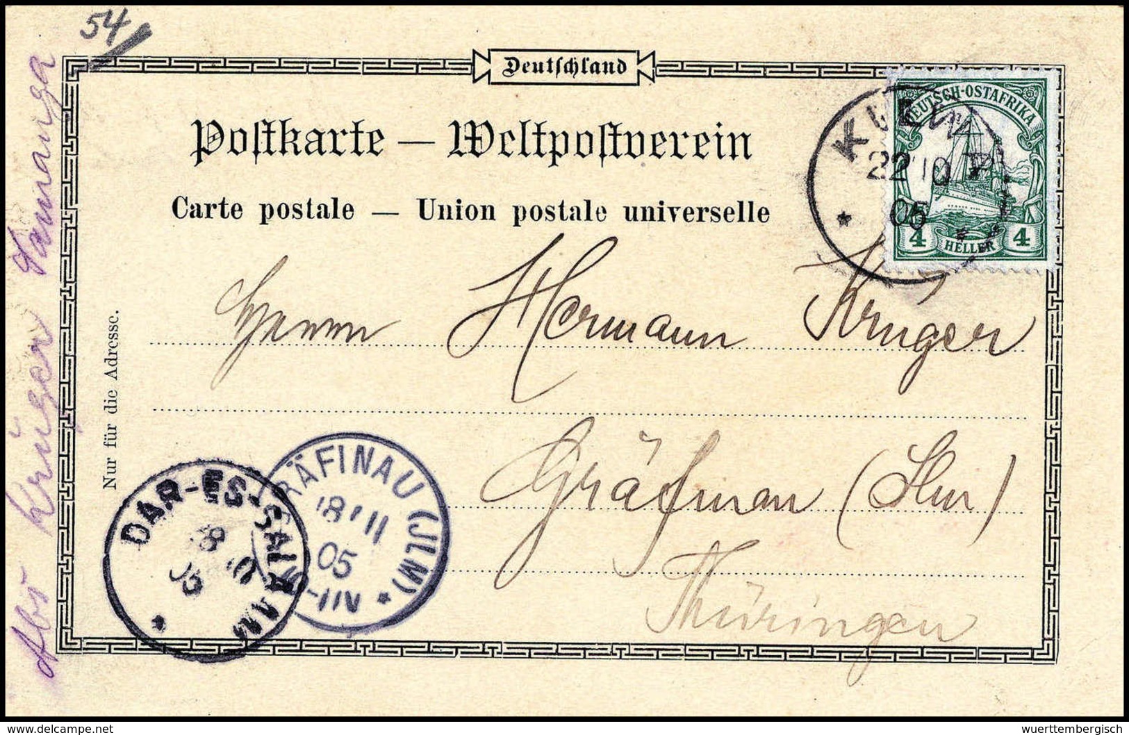 Beleg "Samanga 21/10 05", Hs. Abs.-Vermerk Auf Postkarte (Eckbug) Aus Dem Maji-Maji-Aufstand Mit Stempel KILWA 22/10 05  - Sonstige & Ohne Zuordnung