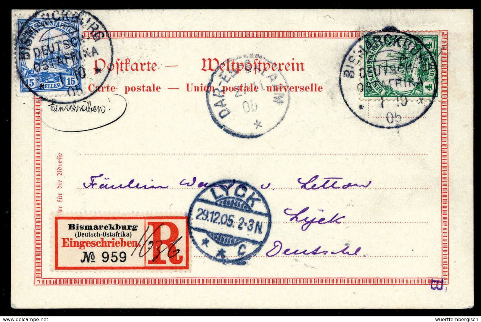 Beleg BISMARCKBURG 1/10 05, Zweimal Klar Auf Einschreibe-Postkarte 4 H. Und 15 H. Nach Dtld., Durchgangsstpl. DAR-ES-SAL - Other & Unclassified