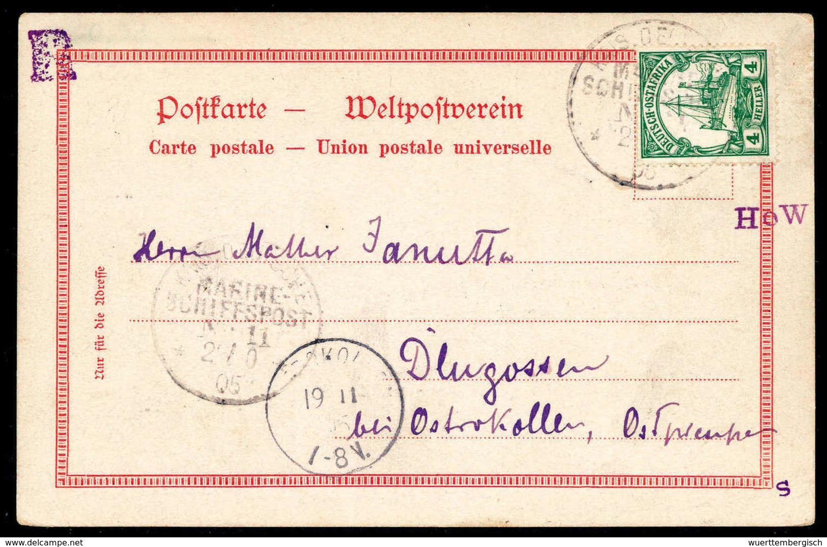 Beleg K.D.MARINE-SCHIFFSPOST No.11 ("Seeadler") 20/10 05, Zwei Abschläge Auf Tadelloser Postkarte 4 H. Nach Dtld. SMS "S - Altri & Non Classificati