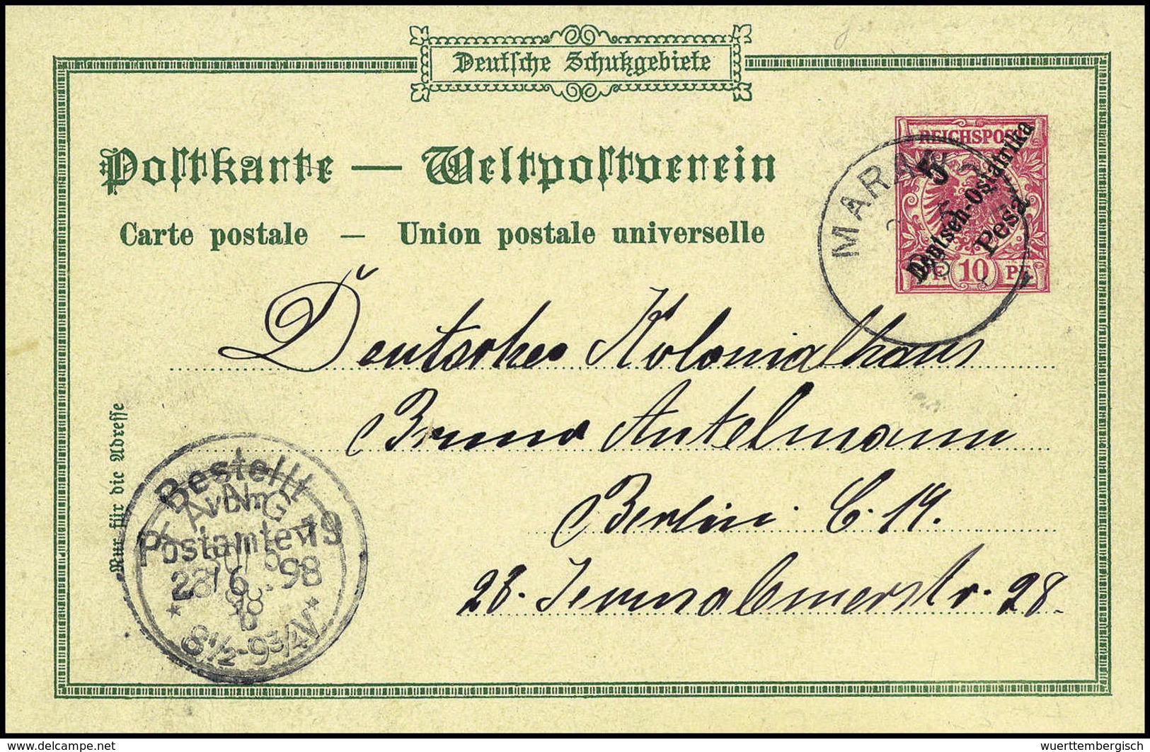 Beleg MARANGU 2/2 98, Klar Auf Privat-Postkarte 5 P. Nach Berlin Mit Ak.-Stempel. (Michel: PP2) - Autres & Non Classés