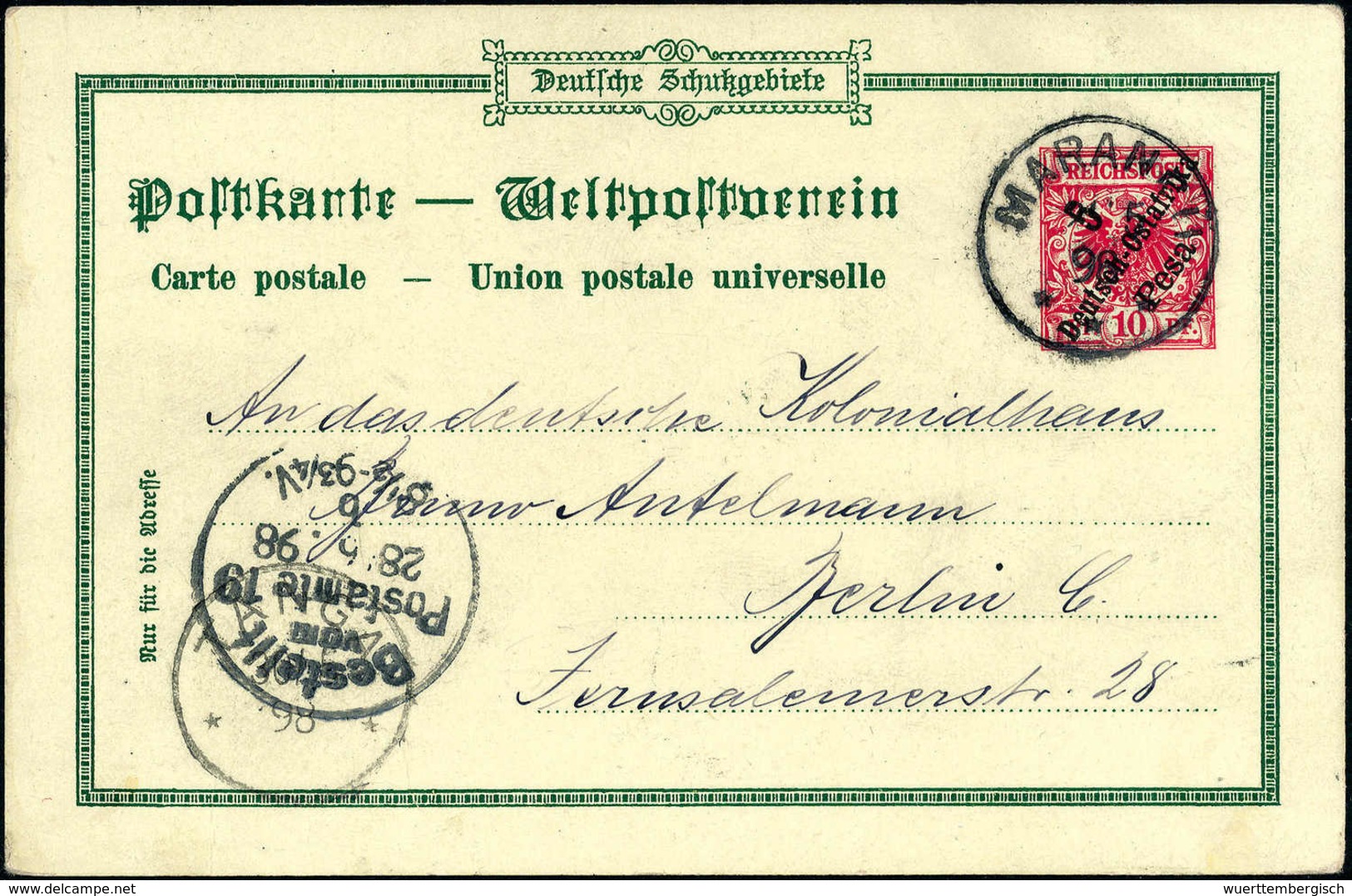 Beleg MARANGU 25/5 98, Klar Auf Tadelloser Privatpostkarte 5 P. ("Gruß Aus Bagamoyo"). (Michel: PP2) - Autres & Non Classés