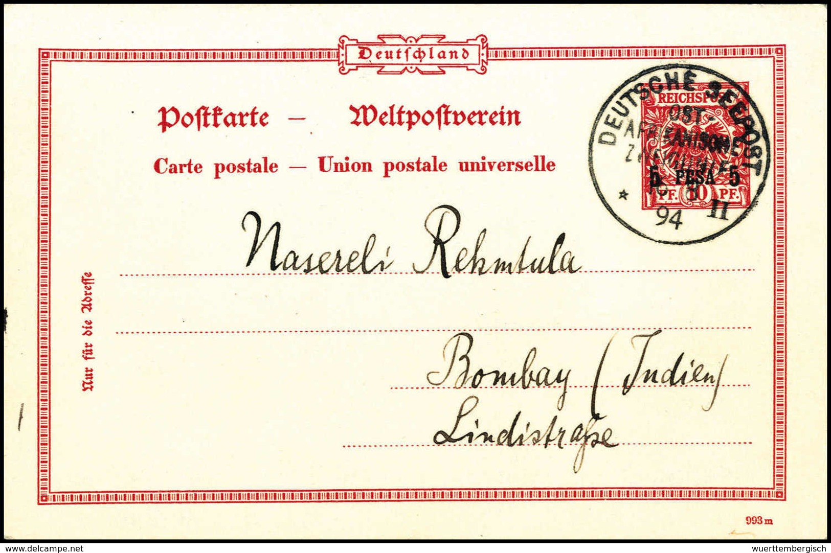 Beleg OST-AFRIKANISCHE ZWEIGLINIE "II" 16/8 94 ("Wissmann"), Ideal Klar Auf Schöner, Nach Bombay Adressierter Postkarte  - Autres & Non Classés