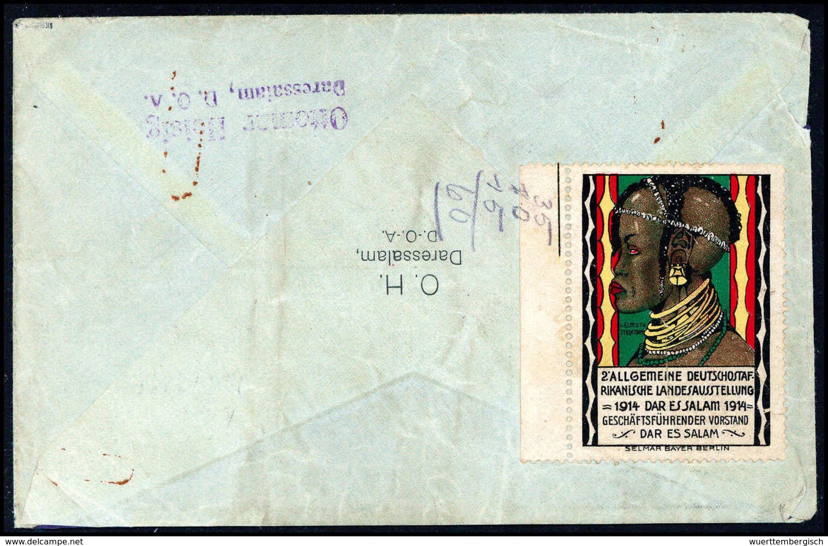 1914, Deutsch-Ostafrikanische Landesausstellung, Daressalam, Seltene Werbemarke Rs. Auf Brief 7½ H. Nach Dtld. Mit Beige - Autres & Non Classés