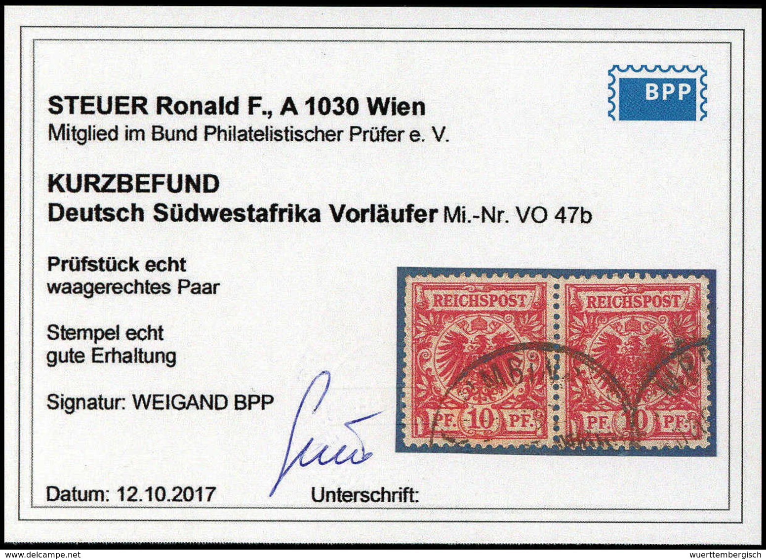 Gest. 10 Pfg., Tadelloses Waagr. Paar Mit Stempel OTYMBINGUE DSWA, Fotobefund Steuer BPP.<br/><b>Katalogpreis: 700,-</b> - Altri & Non Classificati