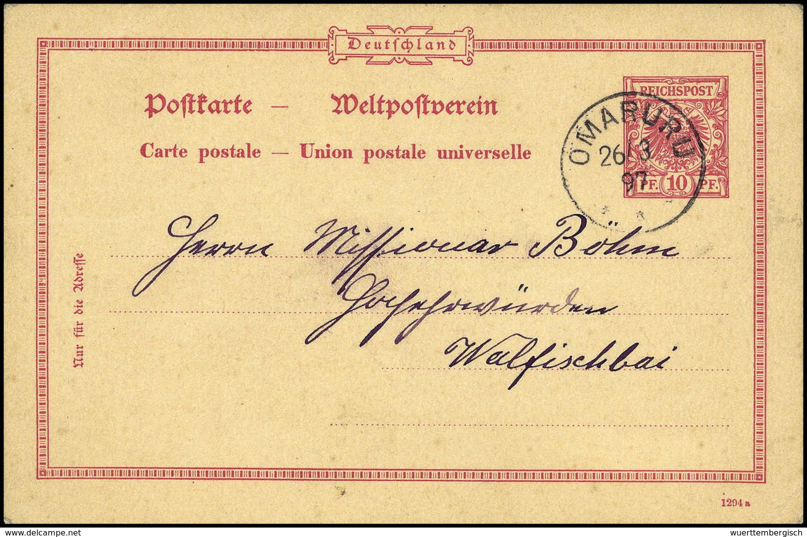 Beleg 10 Pfg., Seltene Inlands-Postkarte, Datiert "Franzfontein 26/2 97" Mit Stempel OMARURU 26/3 97 Nach Walfishbay. Ei - Altri & Non Classificati