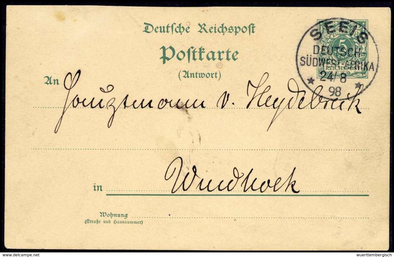 Beleg 5 Pfg., Postkarte Mit Idealem Stempel SEEIS DSWA 24/8 98 (o.Text) Nach Windhuk (Dr.Steuer 5x). (Michel: MP20) - Autres & Non Classés