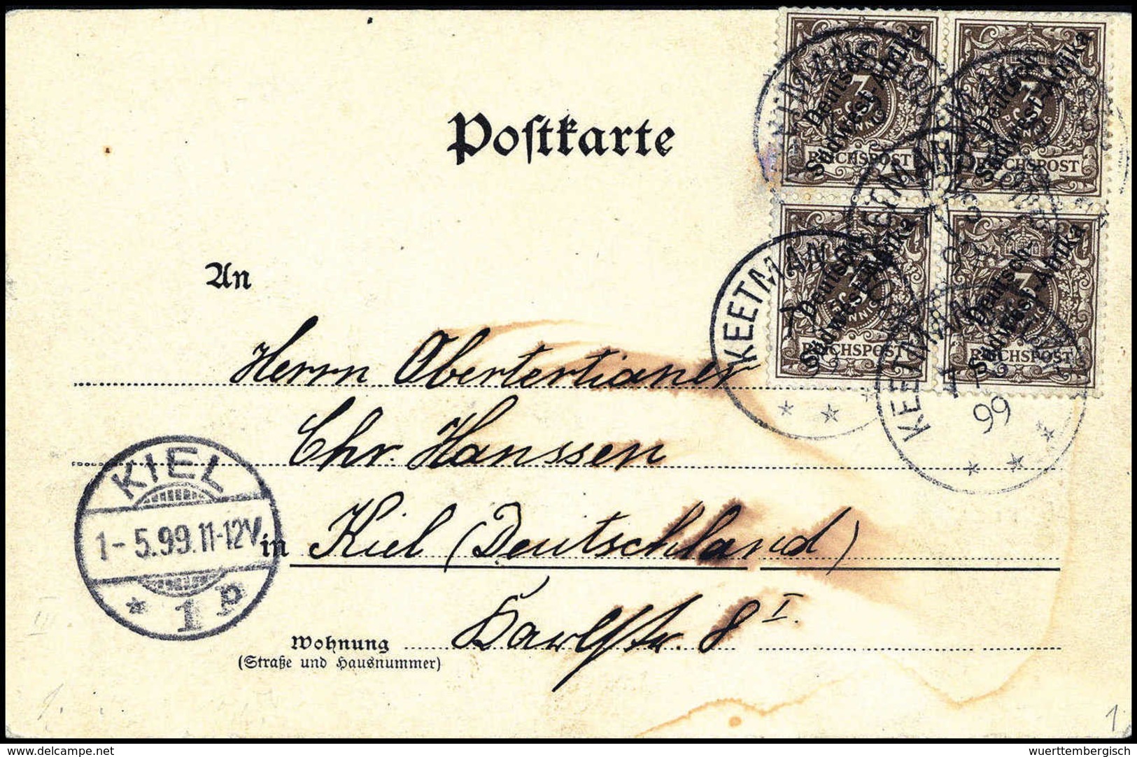 Beleg 3 Pfg., Viererblock Mit Stempel KEETMANSHOOP 7/3 99 Als 12- Statt 10-Pfg.-Frankatur Auf Bedarfskarte Zum UPU-Tarif - Other & Unclassified