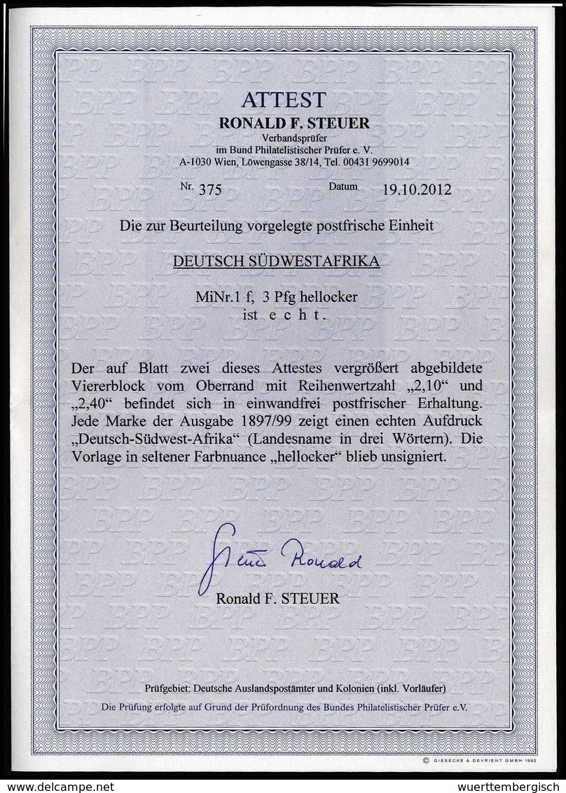 ** 3 Pfg., Tadellos Postfr. Oberrand-Viererblock, Fotoattest Steuer BPP.<br/><b>Katalogpreis: 3.600,-+</b> (Michel: 1f(4 - Autres & Non Classés