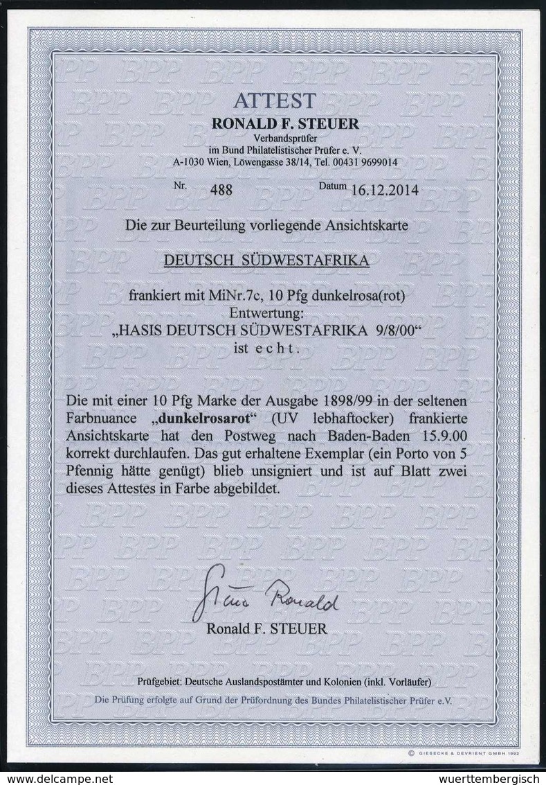 Beleg 10 Pfg., Tadellose Postkarte Mit Klarem Stempel HASIS 9/8 Oo, Fotoattest Steuer BPP. (Michel: 7c) - Sonstige & Ohne Zuordnung