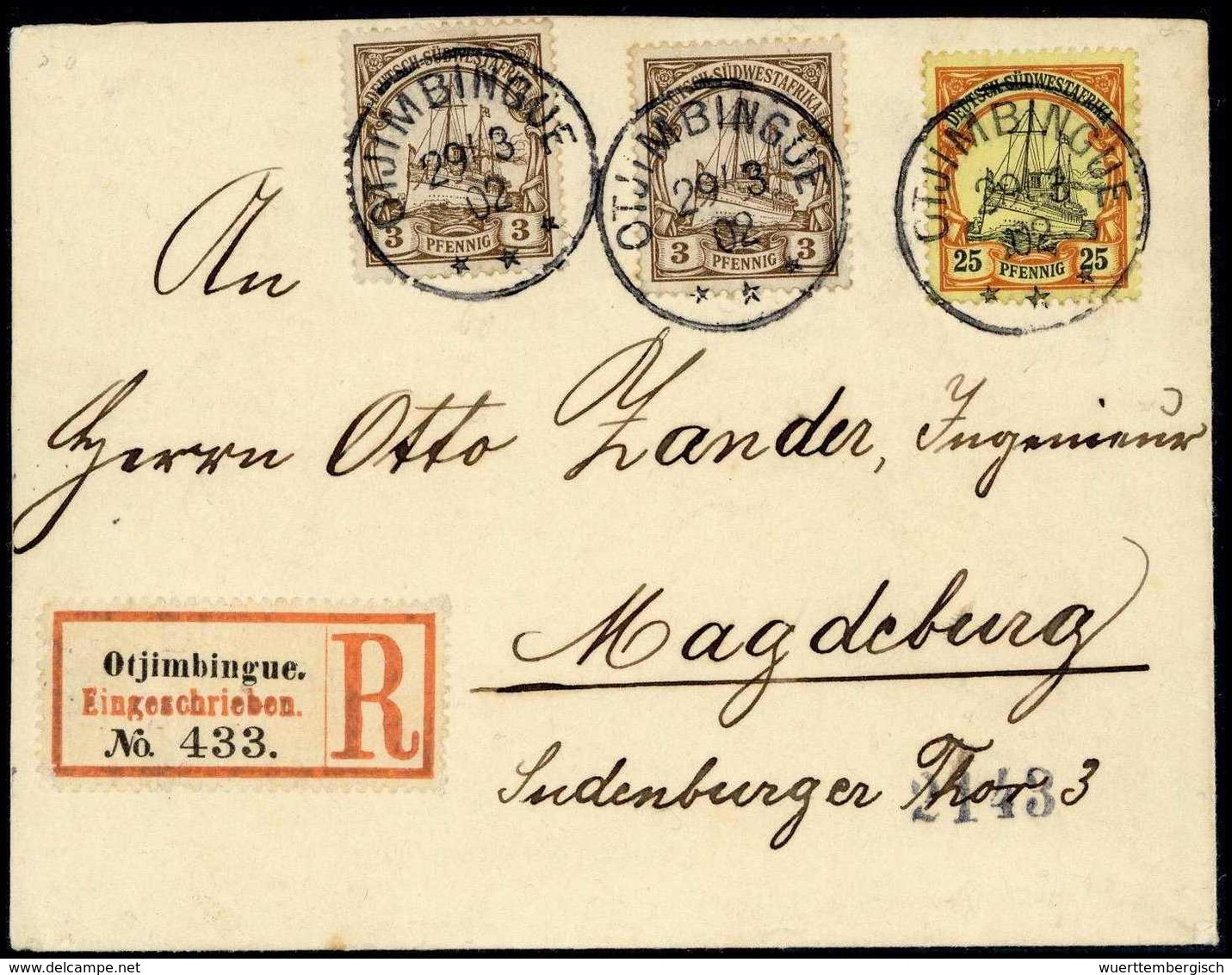 Beleg 3 Pfg.(2) Mit 25 Pfg. Auf Tadellosem, Besonders Schönem R-Brief, Ideale Stempel OTJIMBINGUE 29/3 02. (Michel: 11(2 - Altri & Non Classificati