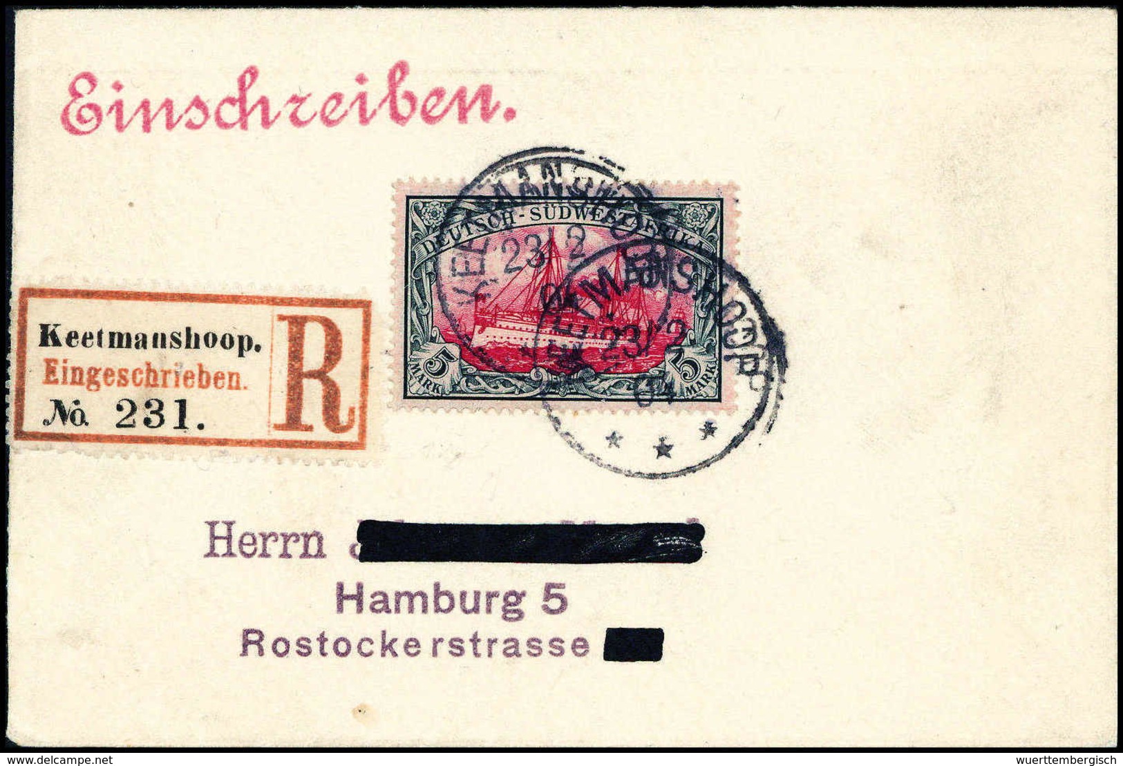 5 Mk., Tadellose Einzelfrankatur Auf Sammler-R-Brief Mit Stempel KEETMANSHOOP 23/2 04 (Name Des Adressaten Gestrichen).< - Autres & Non Classés