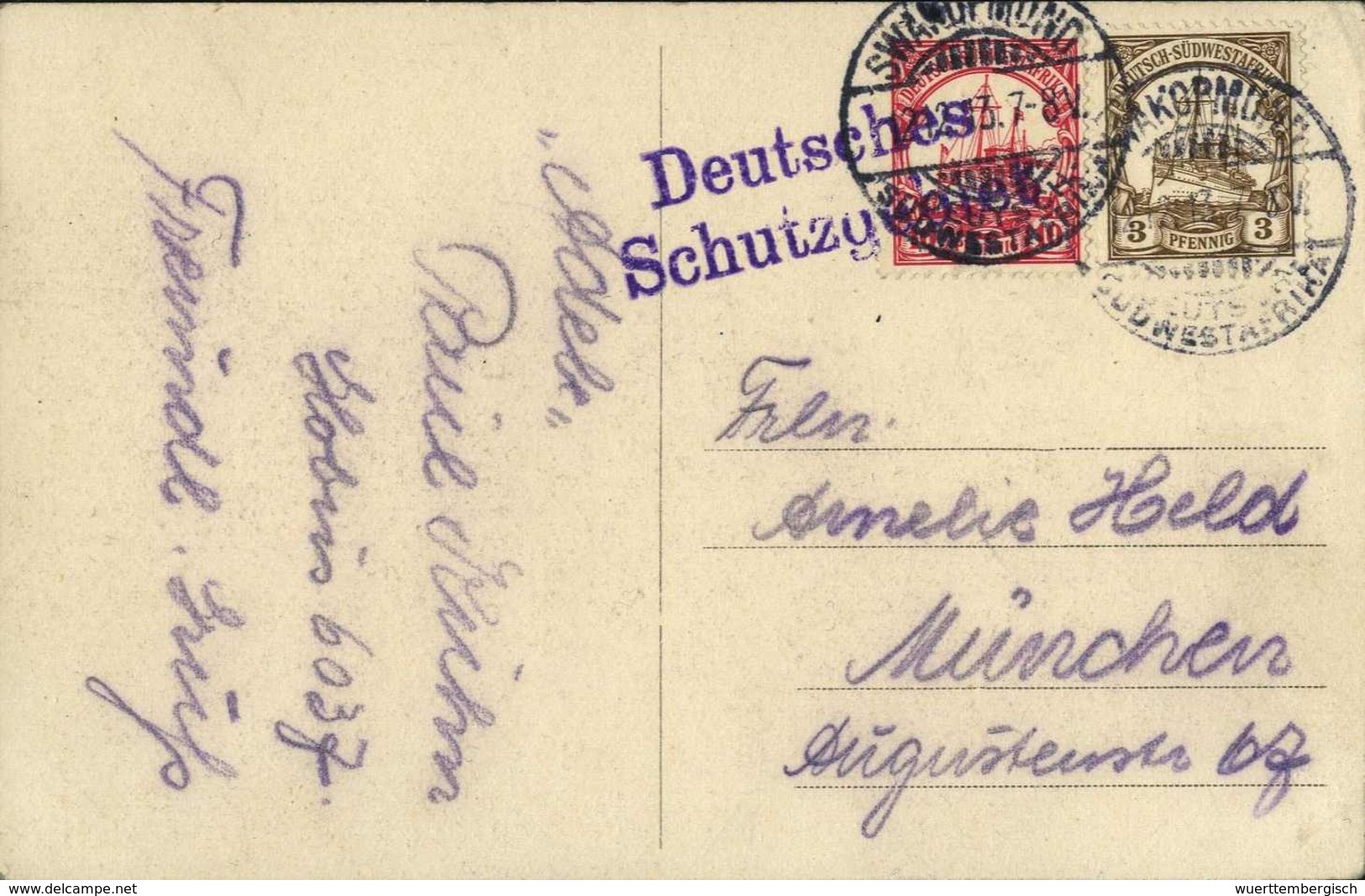 Beleg 3 Und 10 Pfg., Tadellose Postkarte Nach München Mit Stempel SWAKOPMUND 12/12 13 Und Violetter L2 "Deutsches Schutz - Autres & Non Classés