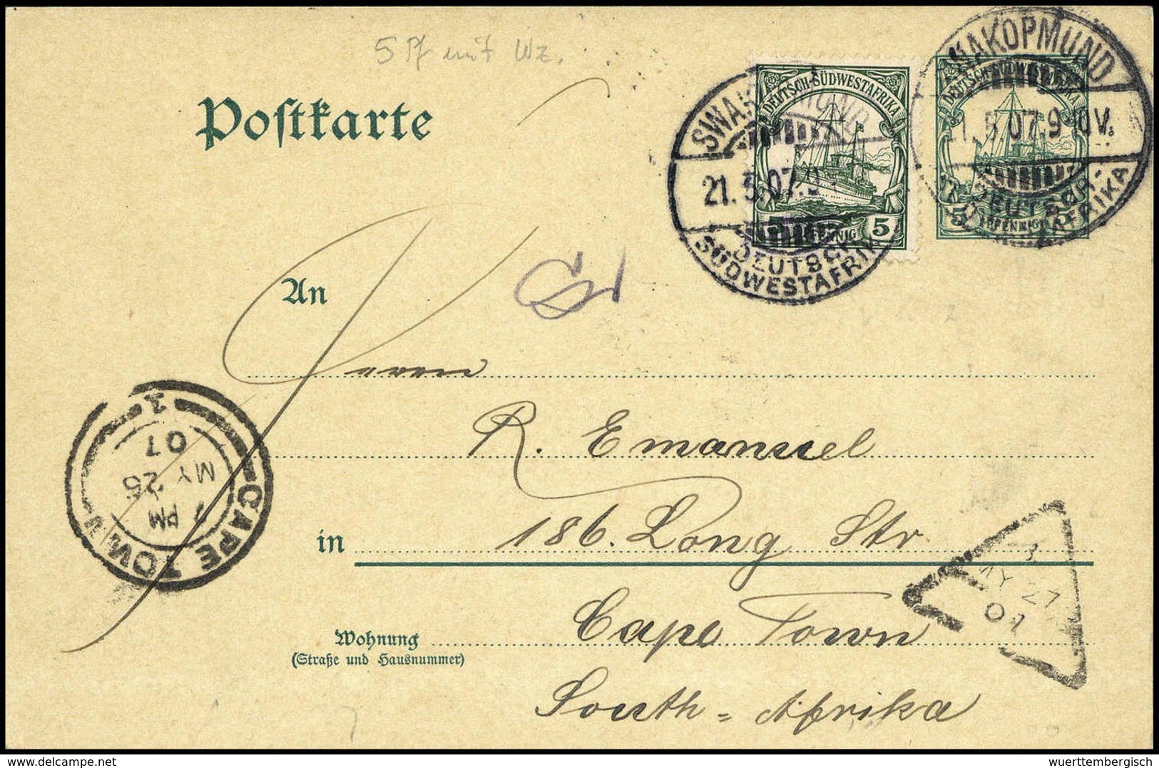 Beleg 5 Pfg., Zusatzfrankatur Auf Postkarte 5 Pfg. Mit Klarem Stempel SWAKOPMUND 21/5 07 Nach Capstadt Mit Ak.-Stempel.  - Autres & Non Classés