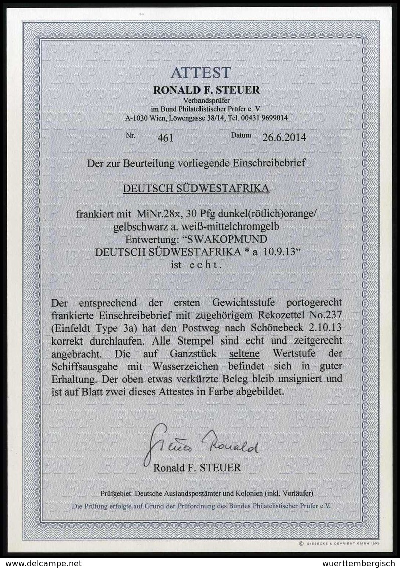 30 Pfg., Tadellose Einzelfrankatur Mit Klarem Stempel SWAKOPMUND "a" 10/9 13 Auf Oben Leicht Verkürztem R-Brief Nach Dtl - Autres & Non Classés