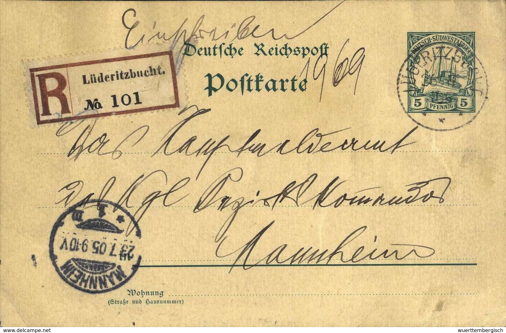 Beleg 5 Pfg., Bedarfskarte Mit Vermerk "Einschreiben" Und Stempel LÜDERITZBUCHT 26/6 05 Nebst R-Zettel "No.101" Nach Man - Autres & Non Classés