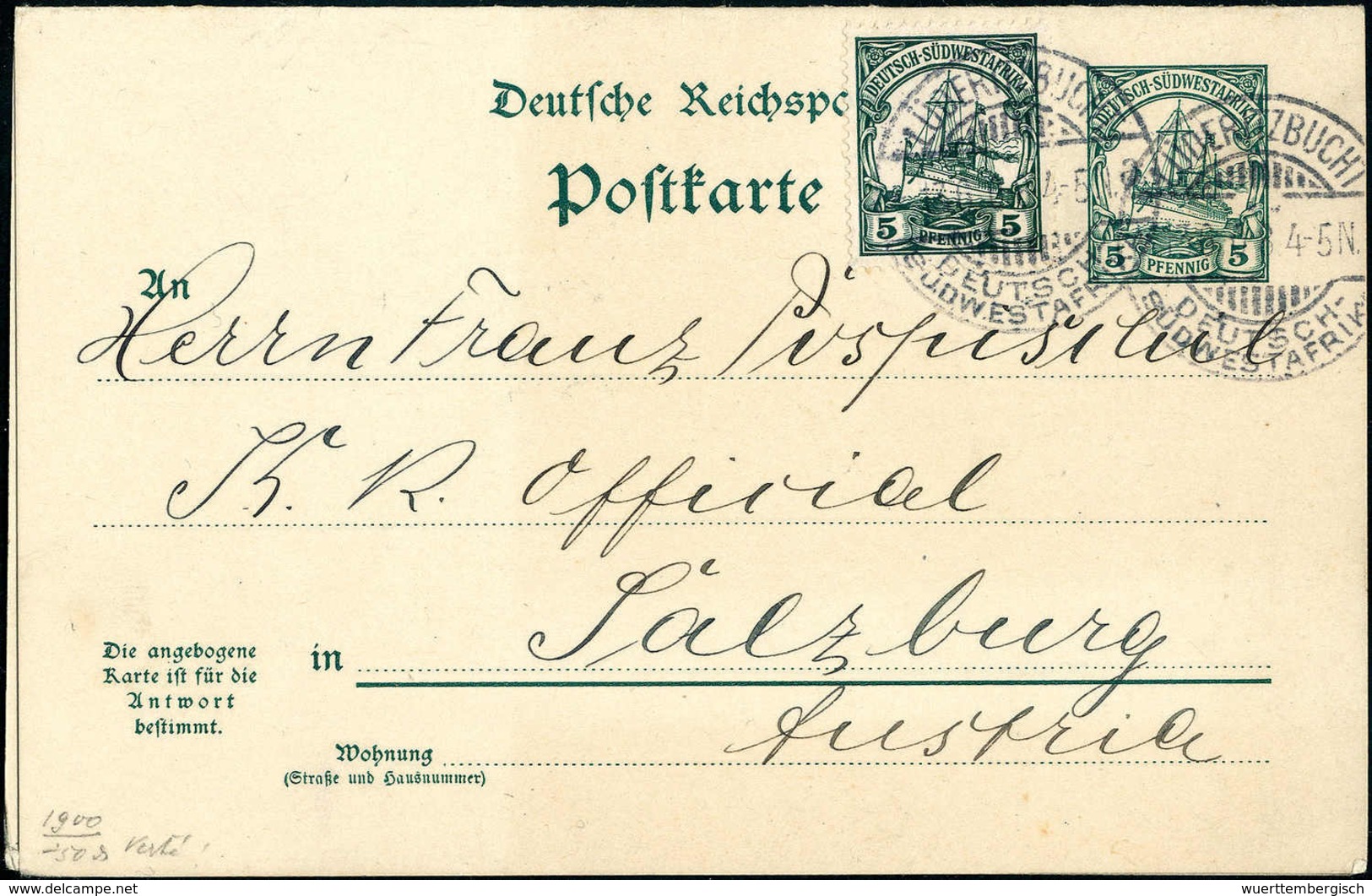 Beleg 5/5 Pfg., Tadellose Doppelkarte, Frageteil Mit Zusatzfrankatur 5 Pfg. Und Stempel LÜDERITZBUCHT Nach Salzburg, Ant - Autres & Non Classés