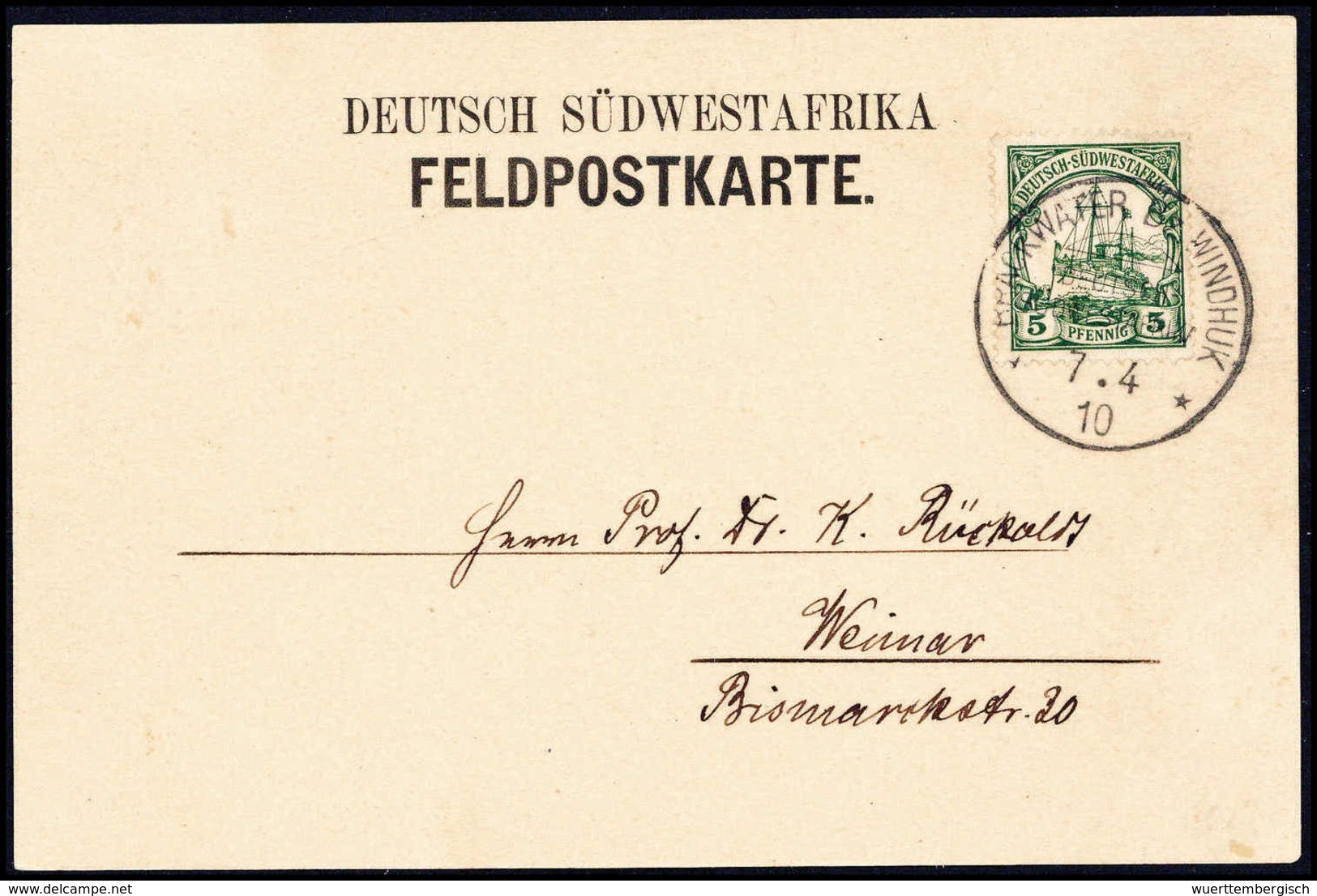 Beleg BRACKWATER Bz.WINDHUK 7/4 10, Ideal Auf Tadelloser Feldpost-Vordruckkarte 5 Pfg. Nach Weimar (o.Text). Stempel-Sel - Autres & Non Classés