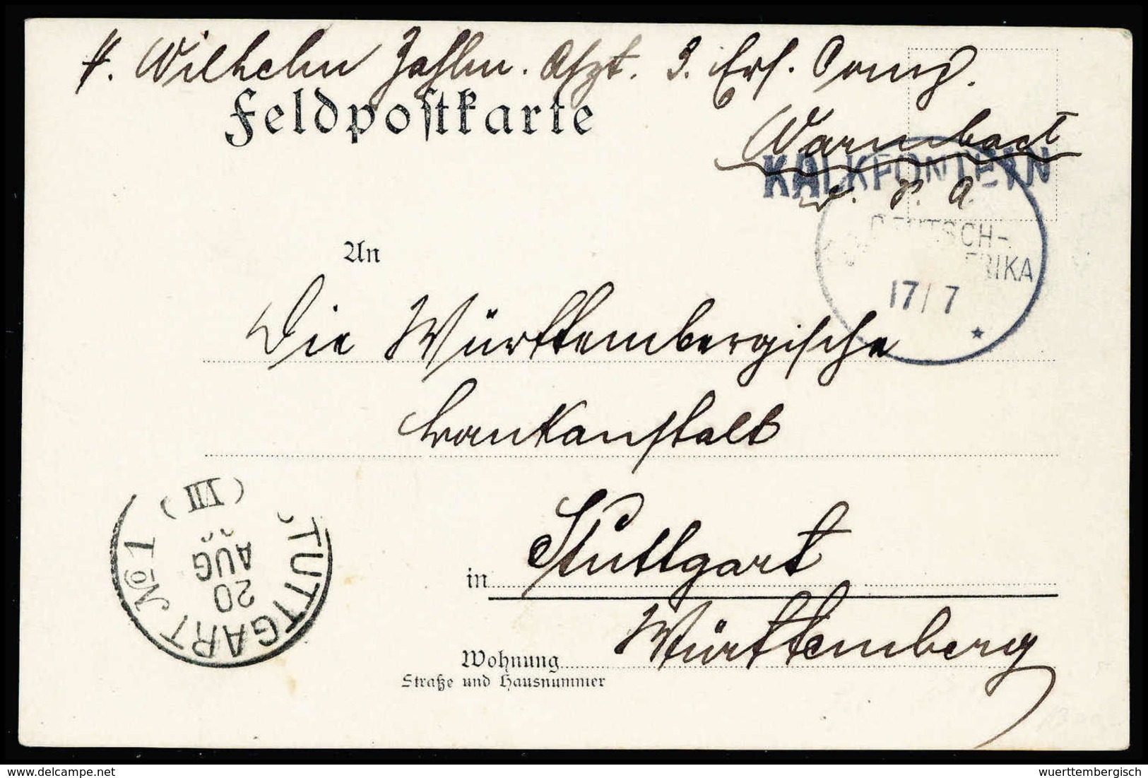 Beleg KALKFONTEIN, Wanderstempel (Großbuchstaben) Vom 17/7 (ohne Jz. "06") Klar Auf Tadelloser Feldpostkarte Nach Stuttg - Autres & Non Classés