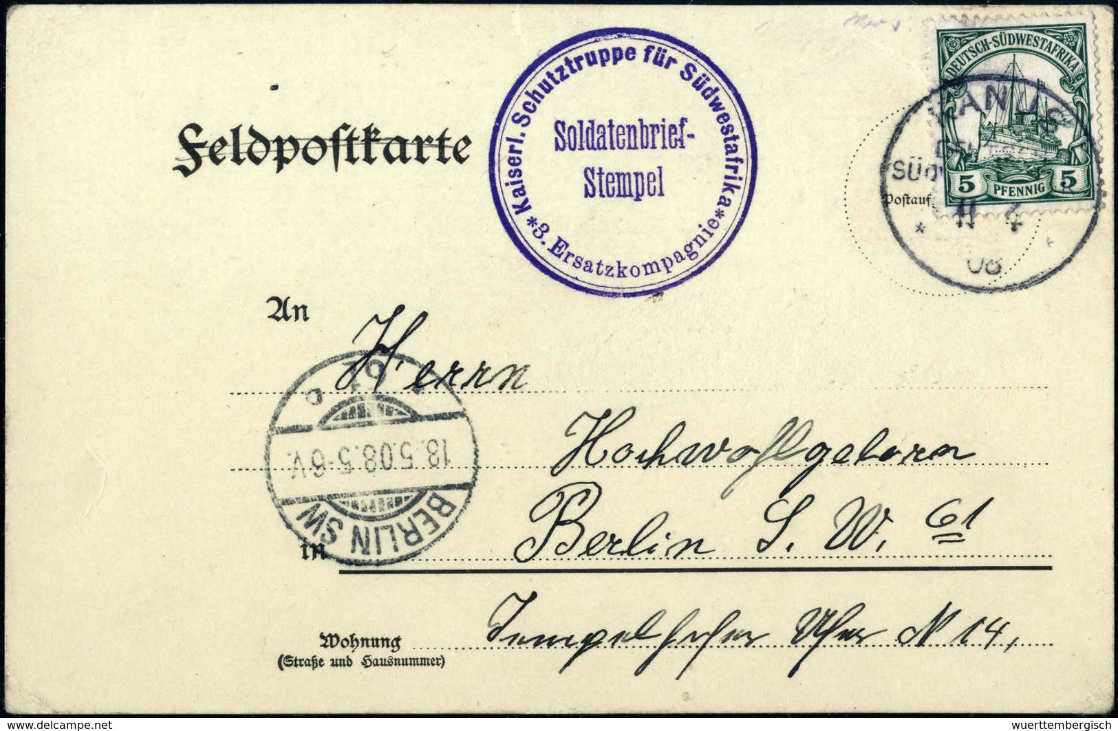 Beleg KANUS 11/4 08, Klar Auf Frankierter Feldpostkarte Mit Beiges. SB-Stempel Nach Berlin. (Michel: 25) - Autres & Non Classés