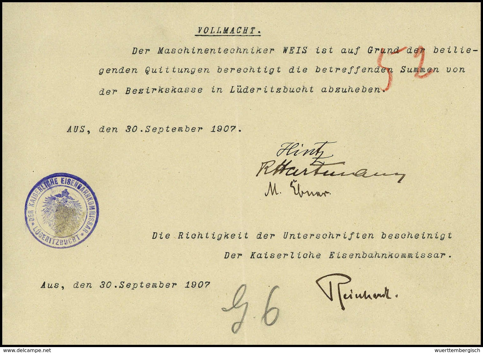 Beleg DER KAISERLICHE EISENBAHNKOMMISSAR LÜDERITZBUCHT, Violetter Adlerstempel Auf Abhebungs-Vollmacht, Datiert "Aus 30/ - Autres & Non Classés