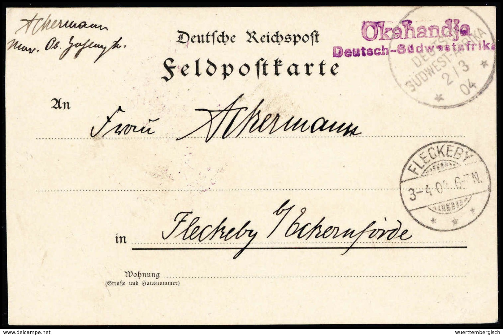 Beleg OKAHANDJA DSWA, Violetter Zweizeiliger Wanderstempel Vom 2/3 04, Ideal Auf Tadelloser Feldpostkarte Nach Dtld. Mit - Autres & Non Classés