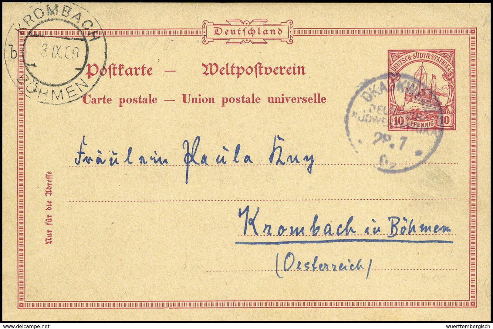 Beleg OKAUKWEJO 28/7 09, Auf Tadelloser Auslands-Postkarte 10 Pfg. Nach Böhmen Mit Ak.-Stempel, Doppelt Sign. Steuer BPP - Autres & Non Classés