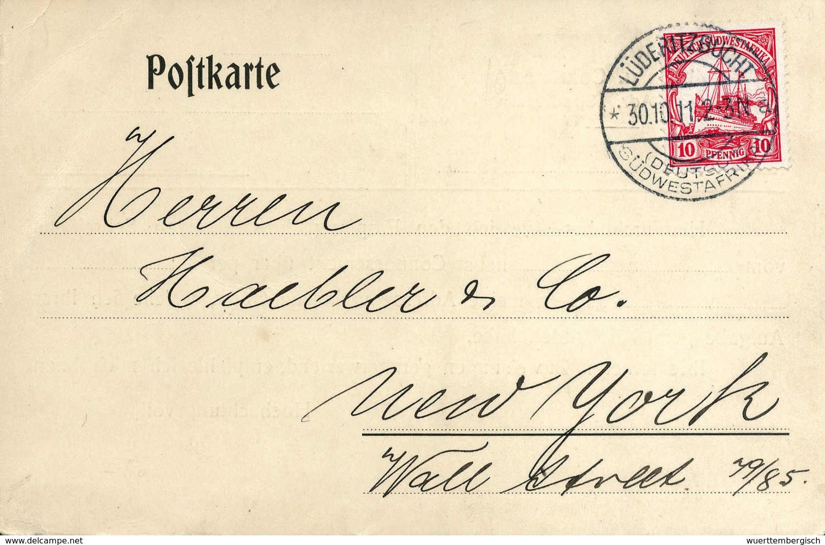 Beleg Deutsch-Südwestafrika - New York: LÜDERITZBUCHT 30/10 11, Klar Auf Tadelloser Speditions-Postkarte Nach New York.  - Sonstige & Ohne Zuordnung