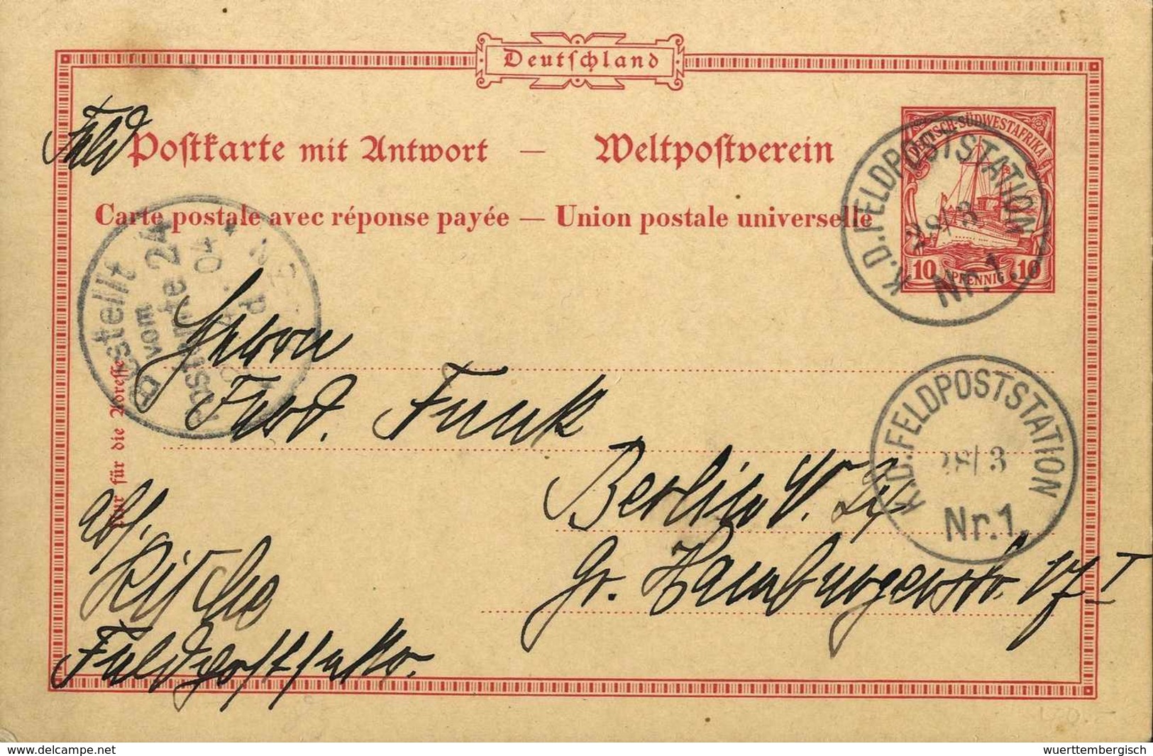 Beleg K.D.FELD-POSTSTATION Nr.1 28/3 (1904), Zweimal Klar Auf Tadelloser Doppelkarte 10/10 Pfg. (o.Text) Nach Berlin Mit - Sonstige & Ohne Zuordnung