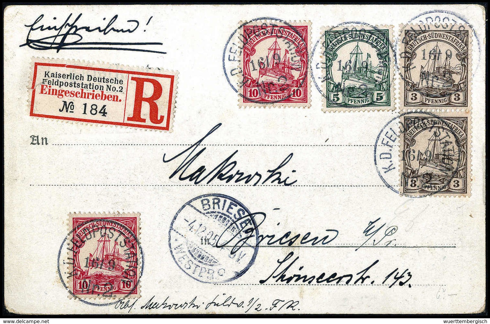 Beleg K.D.FELD-POSTSTATION No.2. 16/9 (05), Fünf Ideale Abschläge Auf Tadelloser Einschreibe-Postkarte 3, 5 Und 10 Pfg.  - Altri & Non Classificati