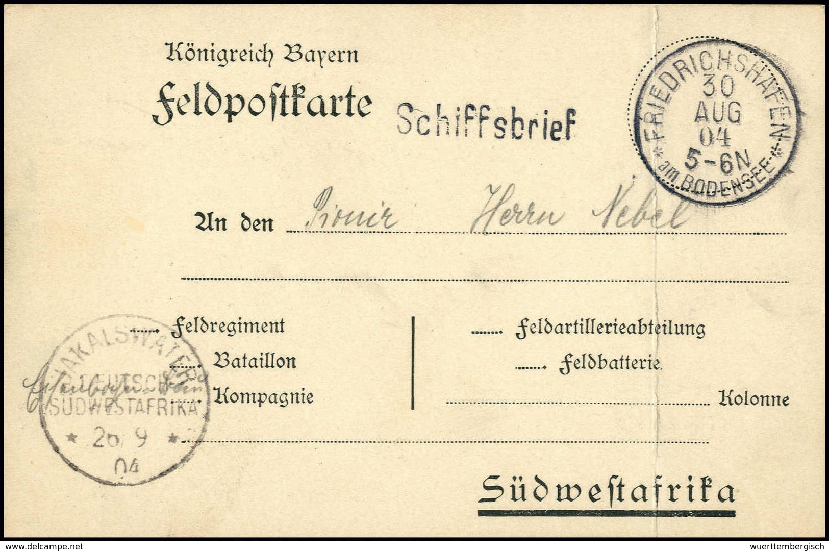 Beleg Feldpostkarte "Königreich Bayern" In Württemberg Aufgegeben: FRIEDRICHSHAFEN 30/8 04, Klar Auf Feldpostkarten-Form - Autres & Non Classés