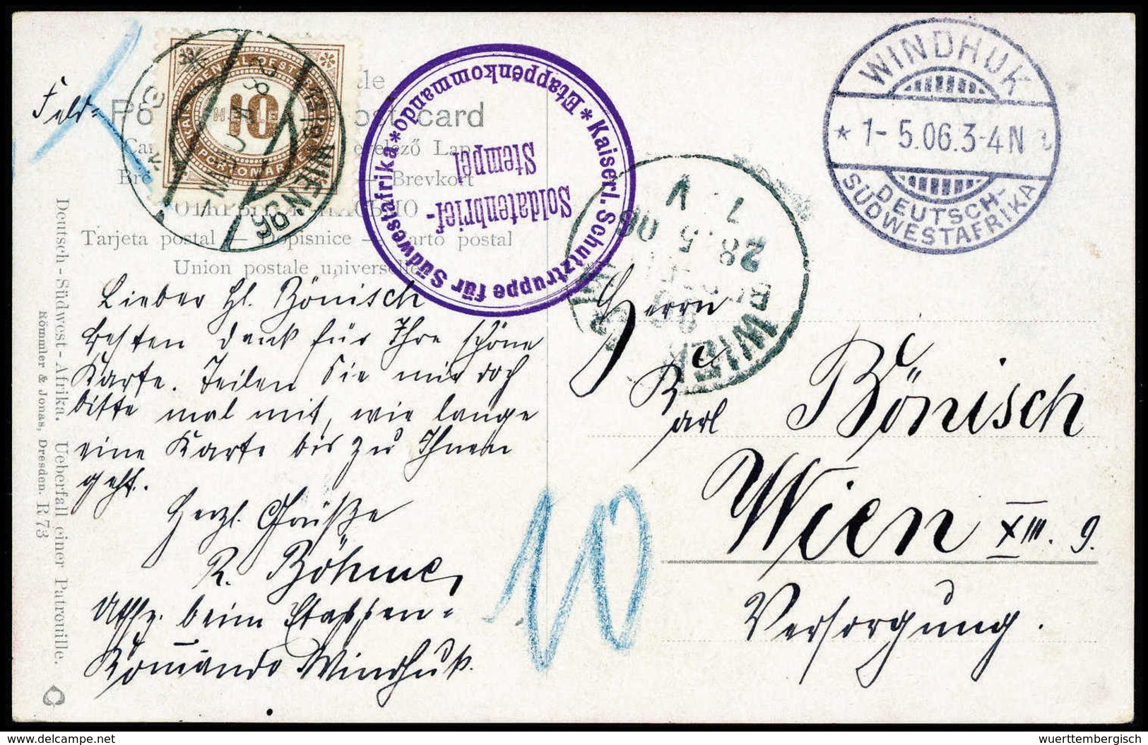 Beleg WINDHUK 1/5 06, Klar Auf Bedarfsmäßiger Feldpostkarte Mit Violettem SB-Stempel "Etappenkommando" Nach Wien. Dort M - Autres & Non Classés